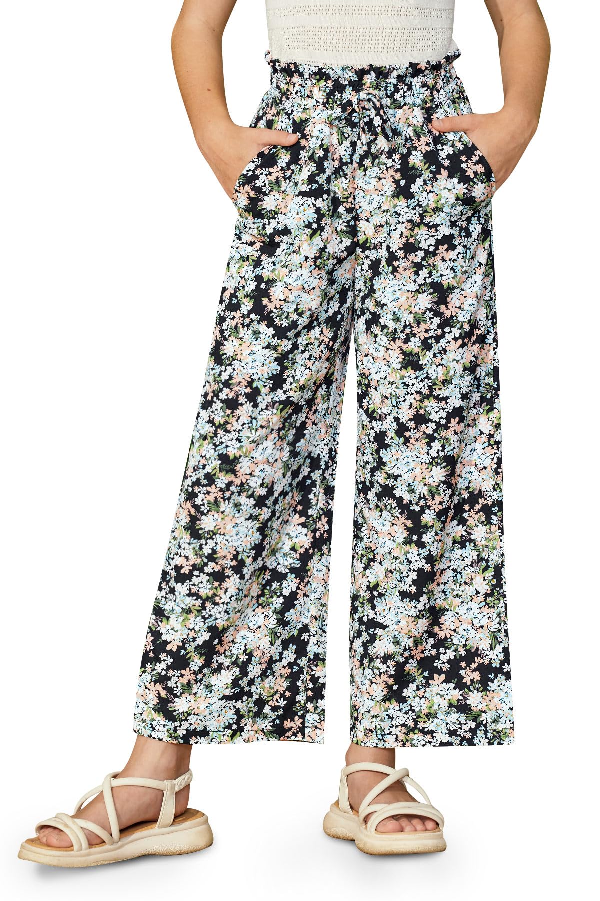 IIMMER Girls Summer Cute Print Wide Leg Dress Pants Lightweight Palazzo Pants Flowy Lounge Trousers with Pocket 5-14 Years