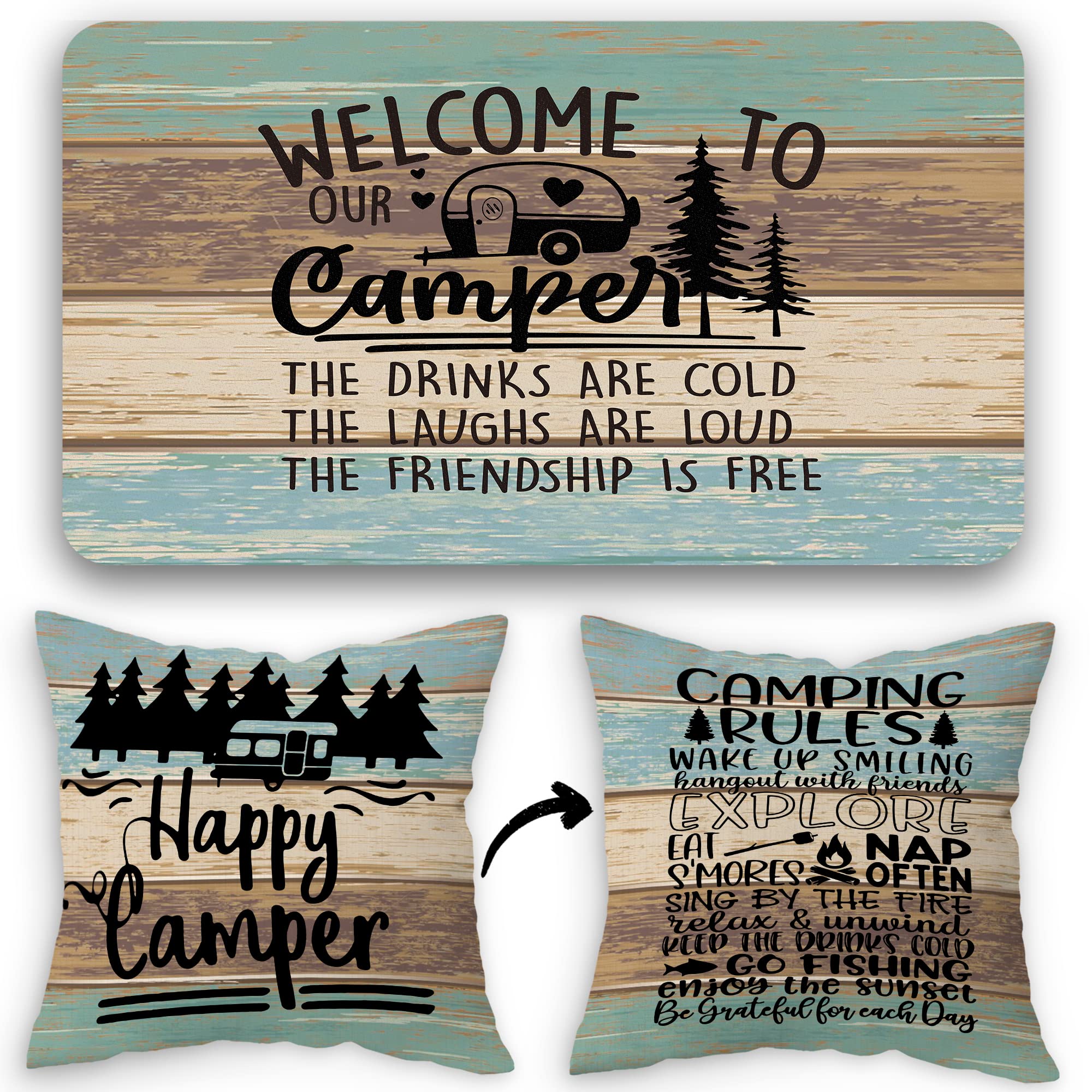 FLDAS Welcome to Our Camper Soft Diatom Mud Absorbent Bath Rug 17'x30',Reversible Throw Pillow Cover 18'x18',Set of 1 Pillow Cover 1 Doormat,Campsite