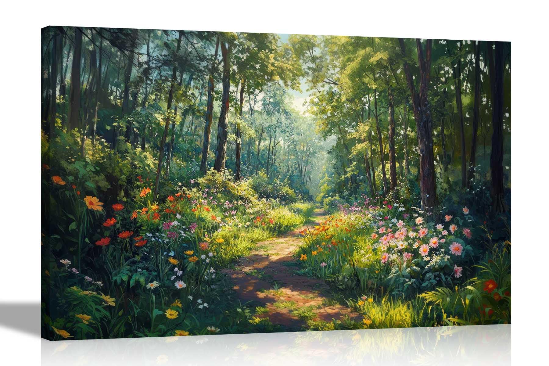 Artley Prints Summer Flowers Forest - Wilderness Walk Green Forest Summer Flowers Canvas Wall Art Prints Framed Pictures Home Living Room Bedroom 51 X 35Cm (20 X 14 Inches)