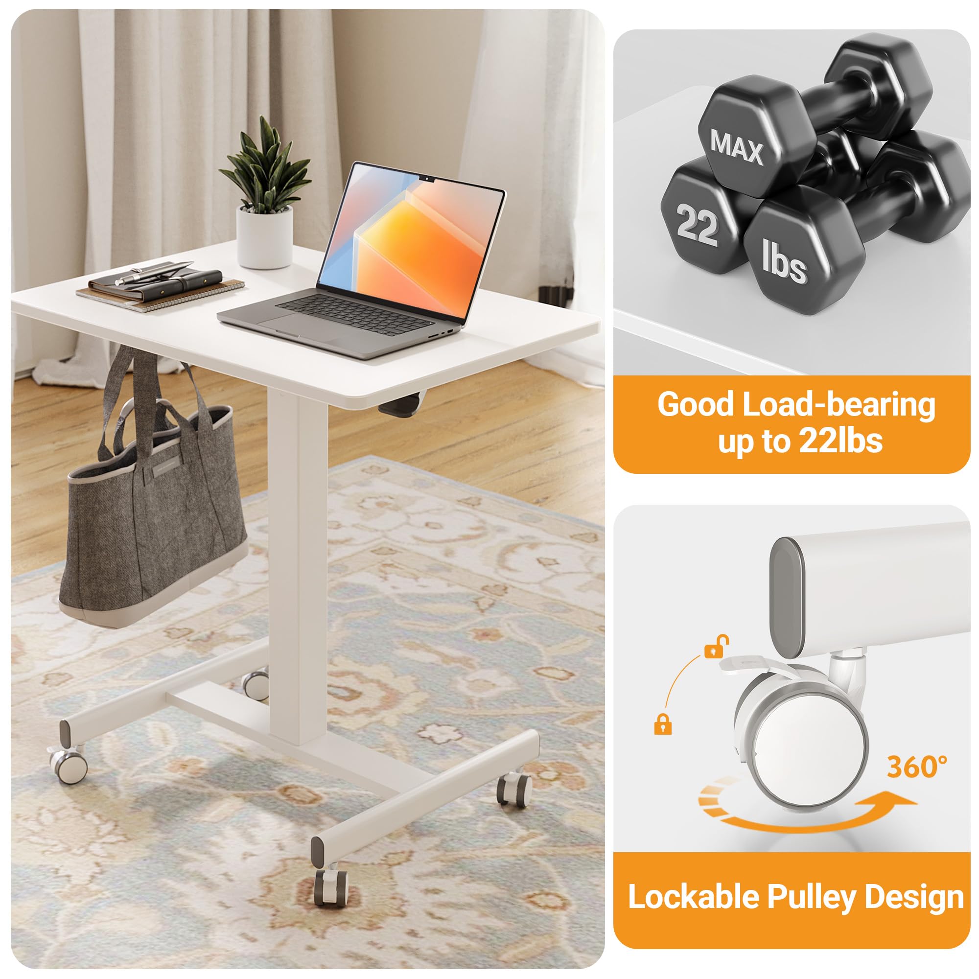Claiks 65×48cm Stehpult Höhenverstellbar Schreibtisch Klein,Mobiler Laptoptisch Höhenverstellbar mit 4 Rollen,Steh-Sitz Schreibtisch Computertisch, Weiß
