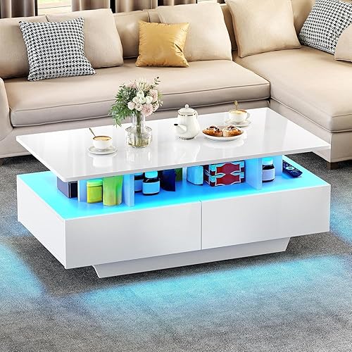 Miniatura 8 de YITAHOME Mesas de Centro LED para Sala de Estar, Mesa de Centro de Alto Brillo con Almacenamiento de 4 Cajones Deslizantes, Mesa de Centro LED