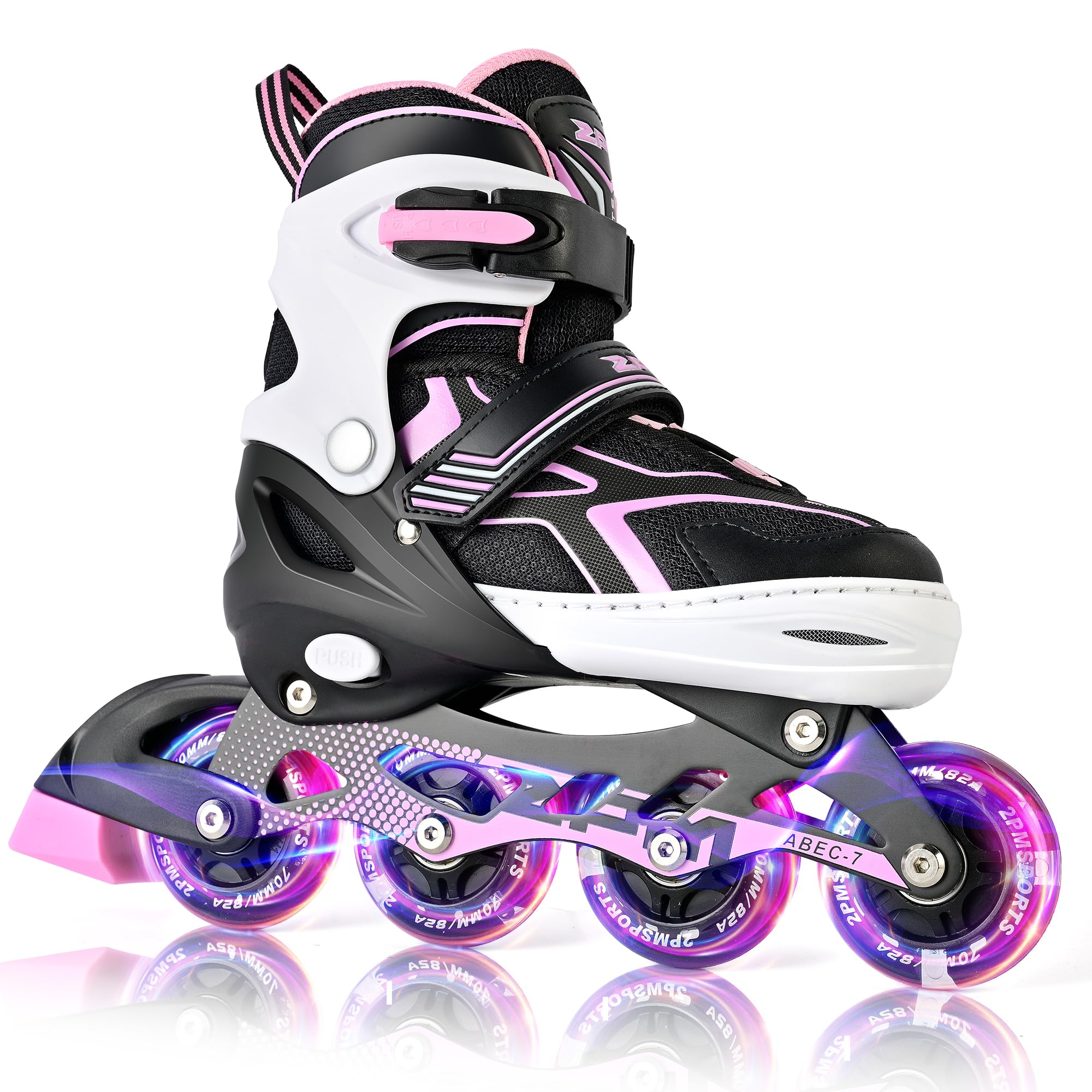 2PM SPORTS Adjustable Inline Skates for Kids, Youth and Adults | beginner friendly; triple closure; light-up wheels; ABEC-7 bearings; Arch support; 2 non-woven bags