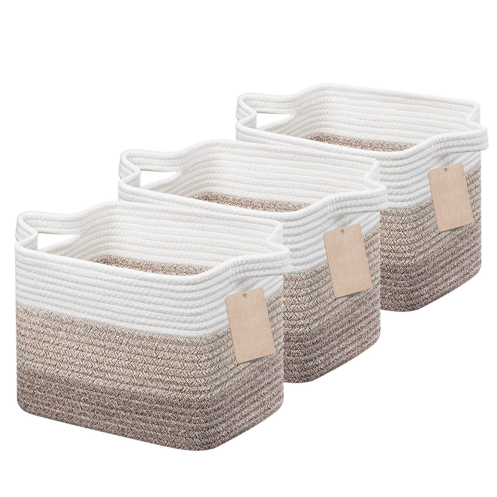 JOJOSEE Small Woven Storage Basket, Cotton Rope Basket for Shelves, Square Shelf Baskets for Home Bathroom Closet Organizer 33x25x22.5cm (Brown,3PCS)