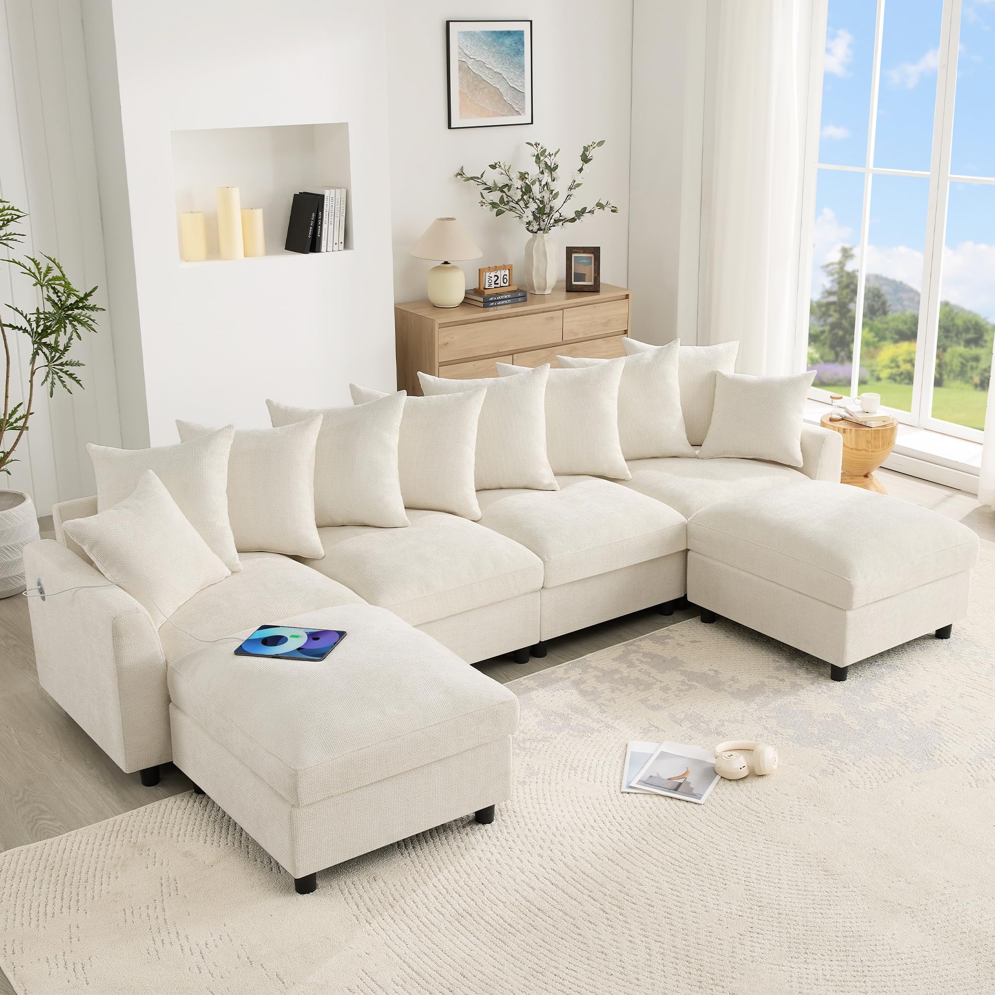 Divano angolare modulare a forma di U e L, 6 posti, beige