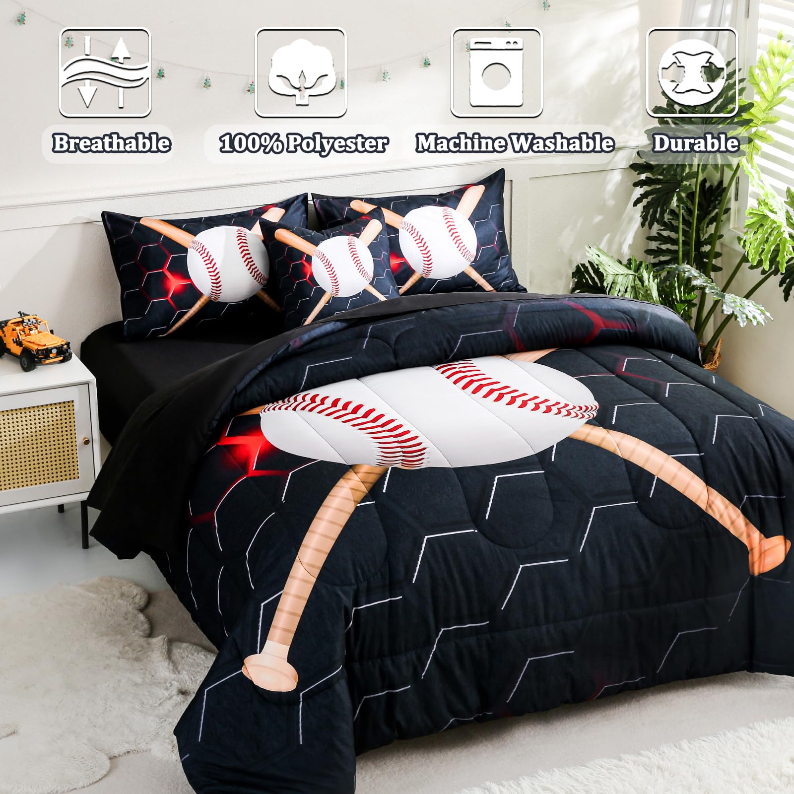 Tasselily 6pcs Baseball Twin Bedding Sets for Boys,Sports Black Twin Size Comforter Set with Sheets for Boys Kids Teens