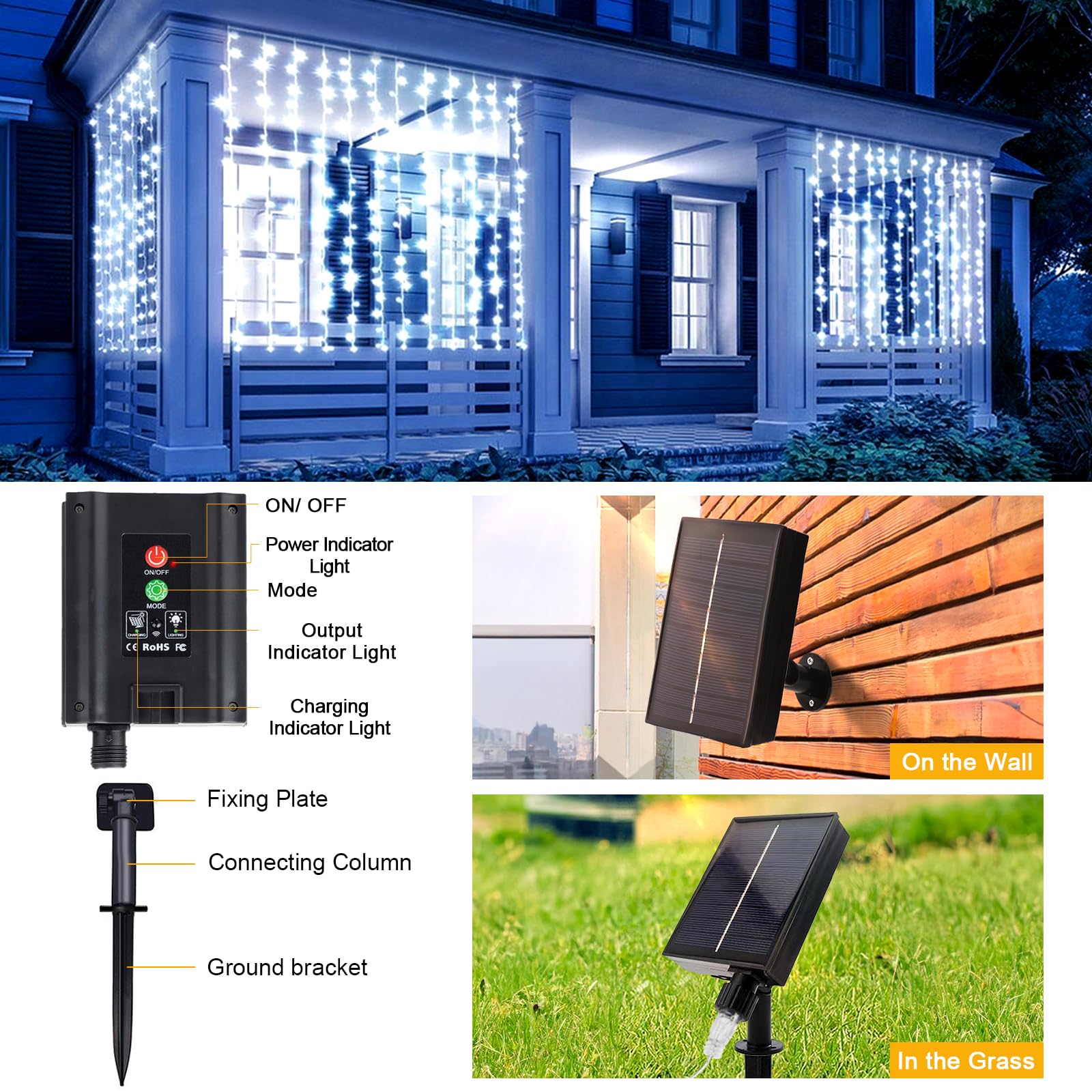 Glaxcidy LED Fairy Curtain Lights, 3M x 3M 304 LEDs Solar Powered Outdoor Window String Lights with Remote - Image 4