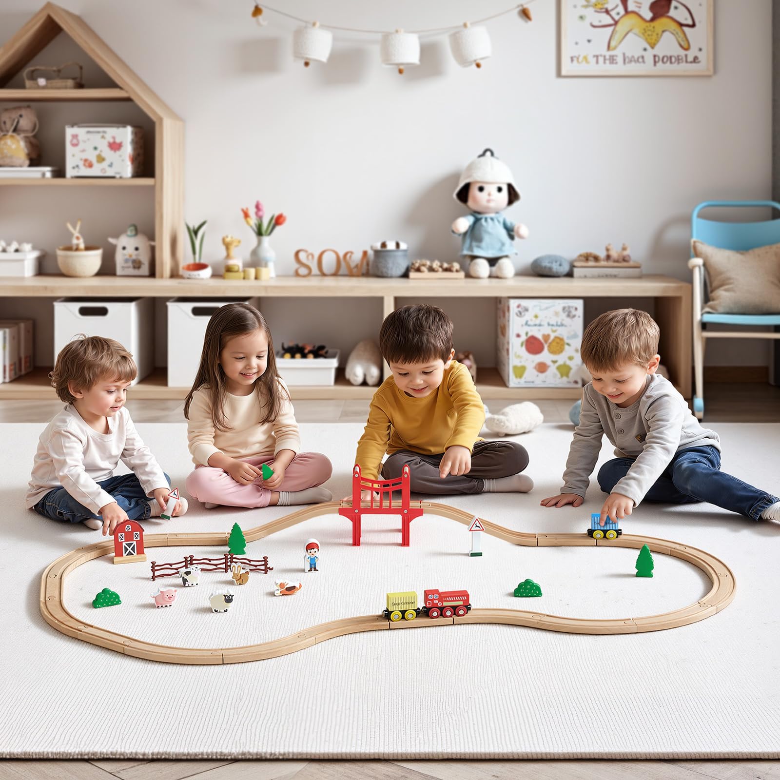 VEVOR Trenino in Legno per Bambini 39 Pezzi, con Treni Magnetici e Accessori Ferroviari, Compatibile con le Principali Marche, Giocattolo di Compleanno di Natale per Bambini dai 3 agli 8 Anni