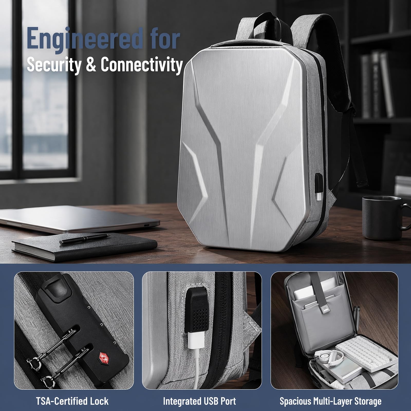 16-calowa twarda powłoka antykradzieżowa plecaka na laptop Wodoodporny PC Nylon Gaming Business Daypack,Grey