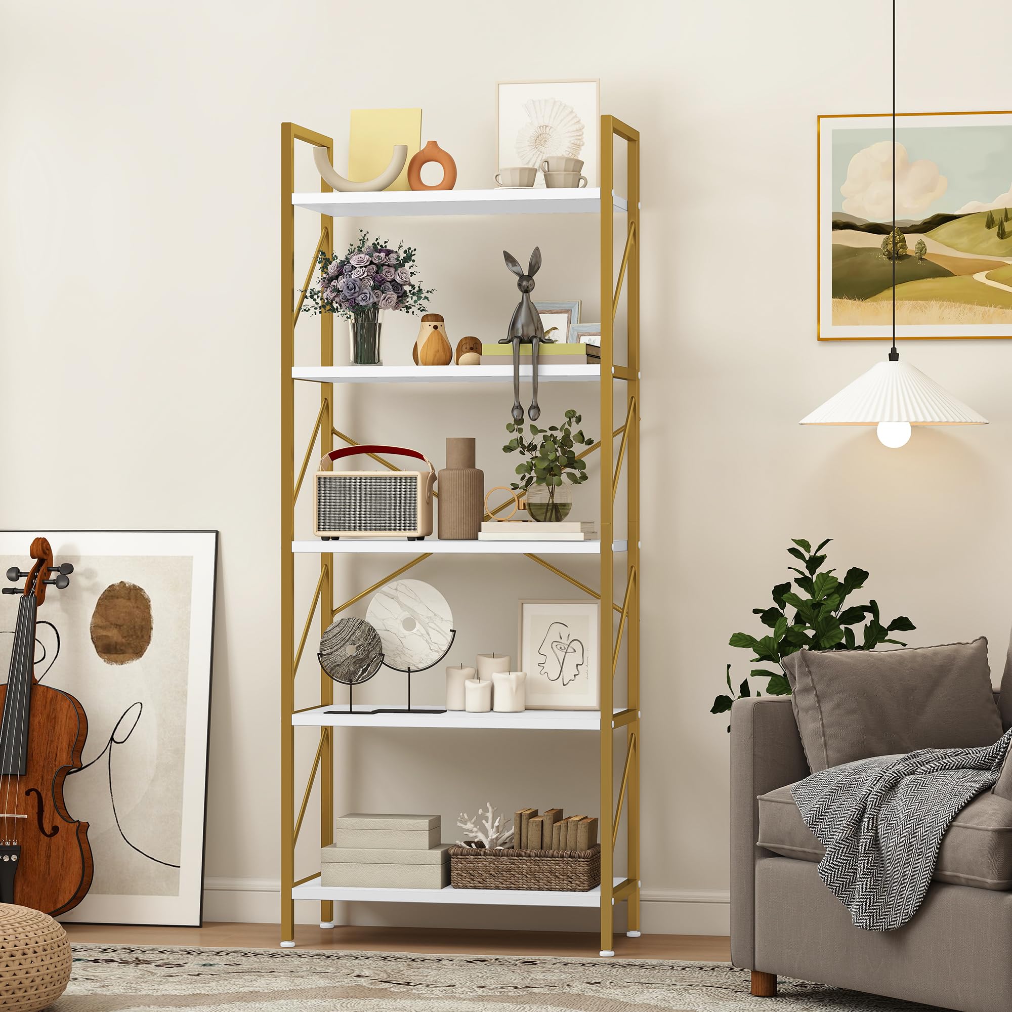 DWVO 5 lagen boekenplank, houten en metalen boekenkast opbergorganizer, industriële boekenplank hoge rekken unit displayrek voor woonkamer keuken