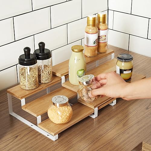 Miniatura 9 de SONGMICS Paquete de 2 estantes de gabinete y estante de especias de 3 niveles, estantes de metal para encimera de cocina, soporte extensible para