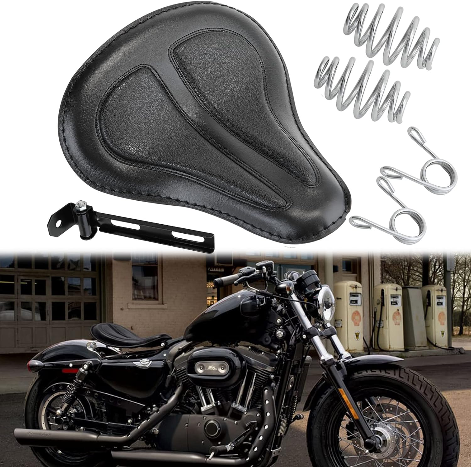 Black Motorcycle Cushion Spring Solo Seat compatible with Honda Rebel 250 300 500 Refit Harley Sportster XL1200 883 Chopper Bobber