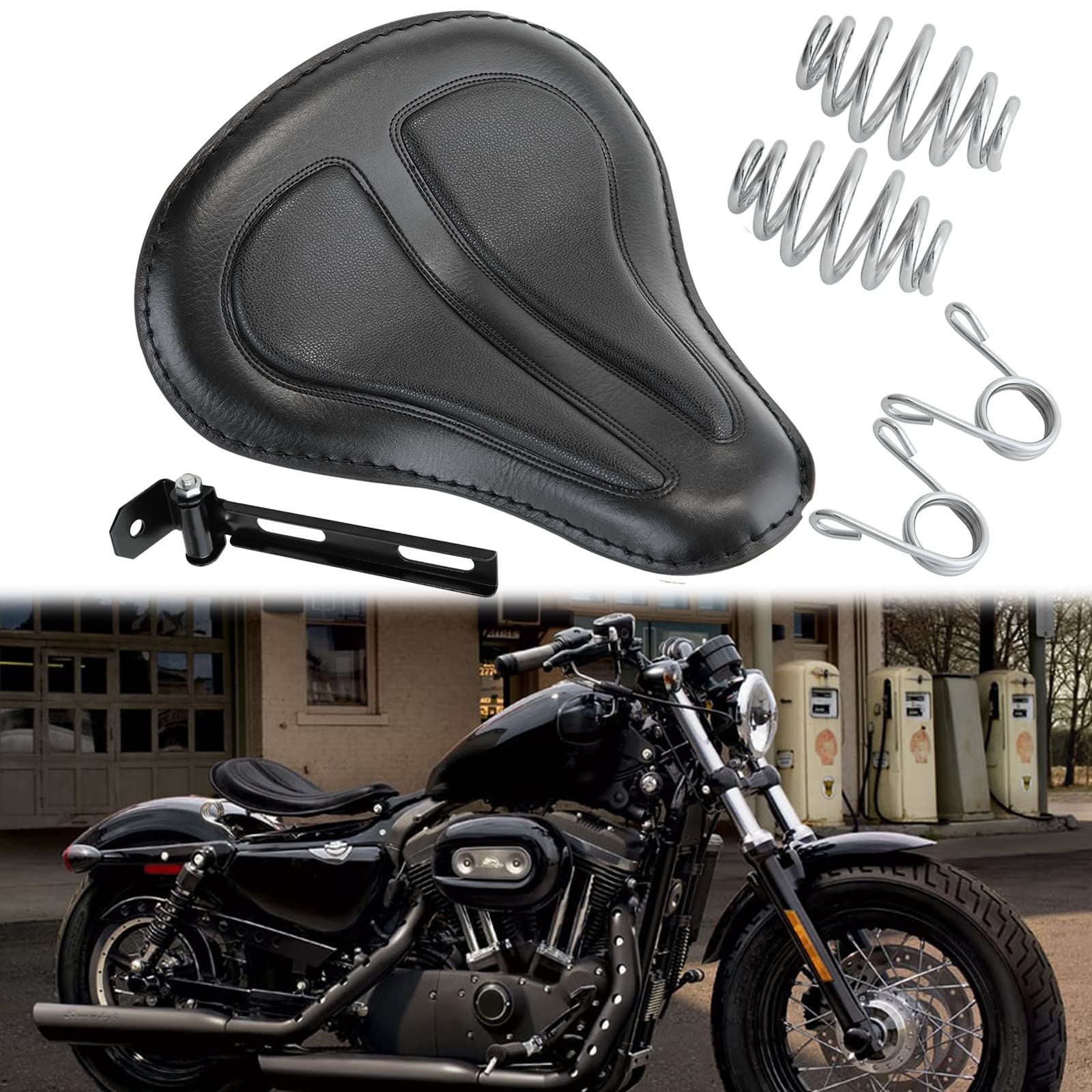 Photo 1 of Black Motorcycle Cushion Spring Solo Seat Compatible with Harley Sportster XL1200 48 Bobber Street Chopper Honda Rebel