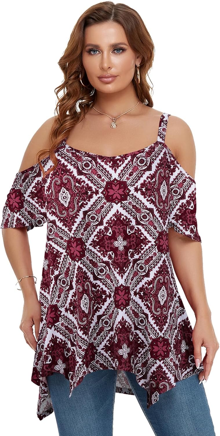 LARACE Cold Shoulder Tops for Womens Summer Clothes Spaghetti Strape Tunic Oversized Shirts Asymmetrical Plus Size Blouse