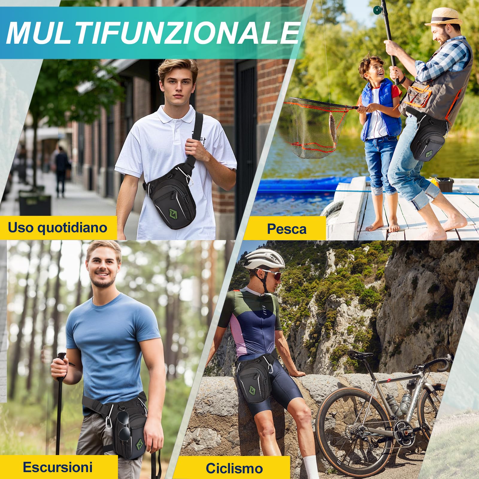 Eshow Marsupio da Gamba Moto, Borsa Cosciale Espandibile con Striscia Riflettente e Cintura Regolabile per Uomo Donna, Borsello Sportivo Nero