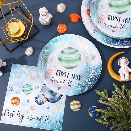 Miniatura 3 de Whaline Juego de vajilla de 100 piezas para el primer viaje alrededor del sol, juego de vajilla temática del espacio exterior, adecuado para