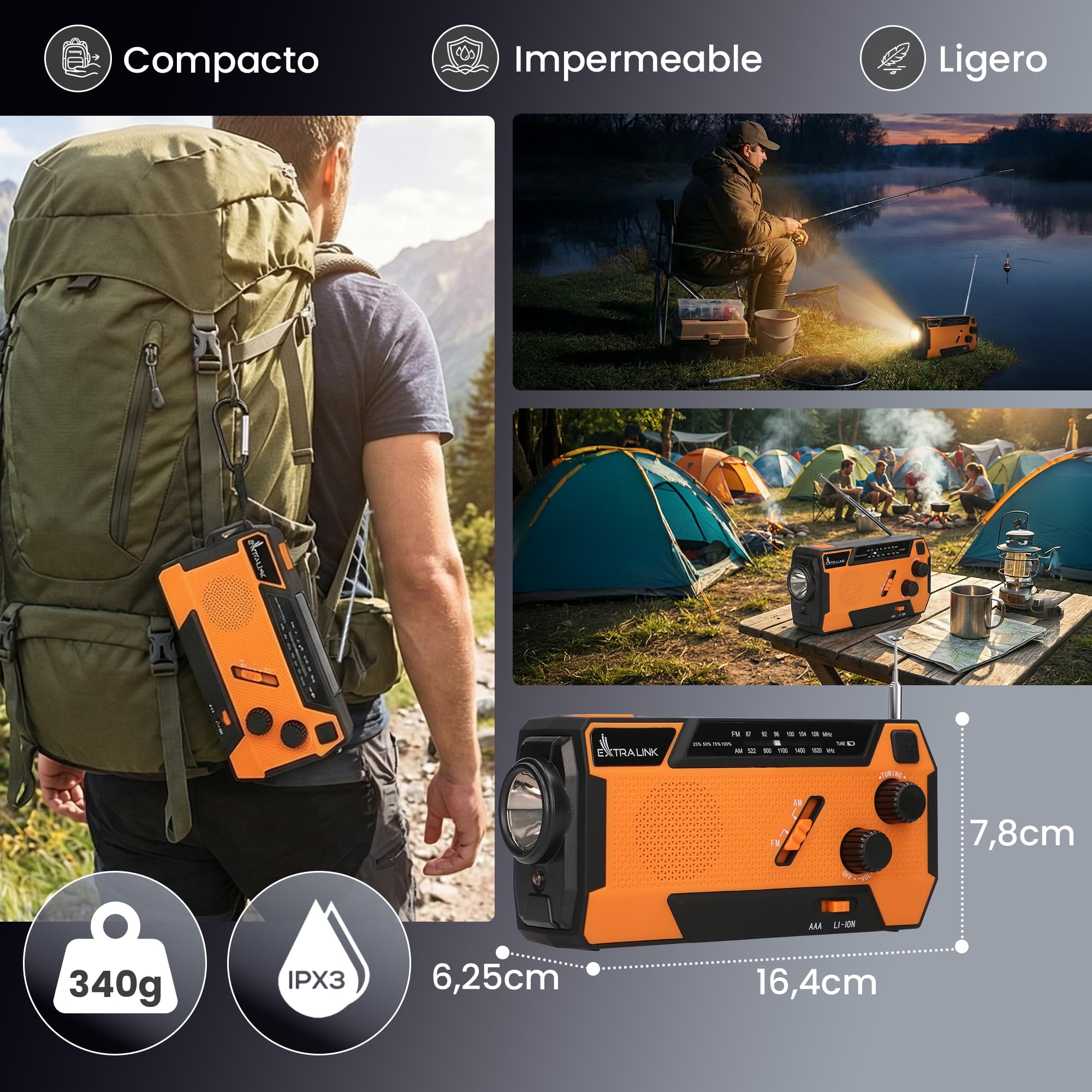 Extralink Radio Solar de Emergencia con Manivela, Función de Carga de 4000 mAh con Cables de Carga Integrados, FM/Am, Linterna LED & Luz de Lectura, Alarma SOS – para Camping y Supervivencia