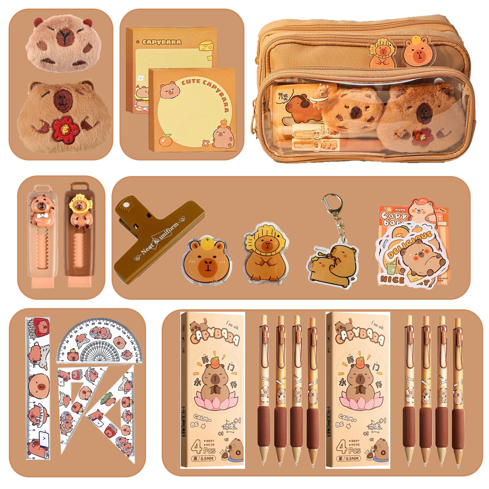 JollyDragon Capybara Pencil Case Stationery Set,Cute Detachable Clear Pencil Case with Capybara Pens Eraser Sticker Plush,Pencil Organizer for Students Cosmetics Toiletry Storage - Image 2
