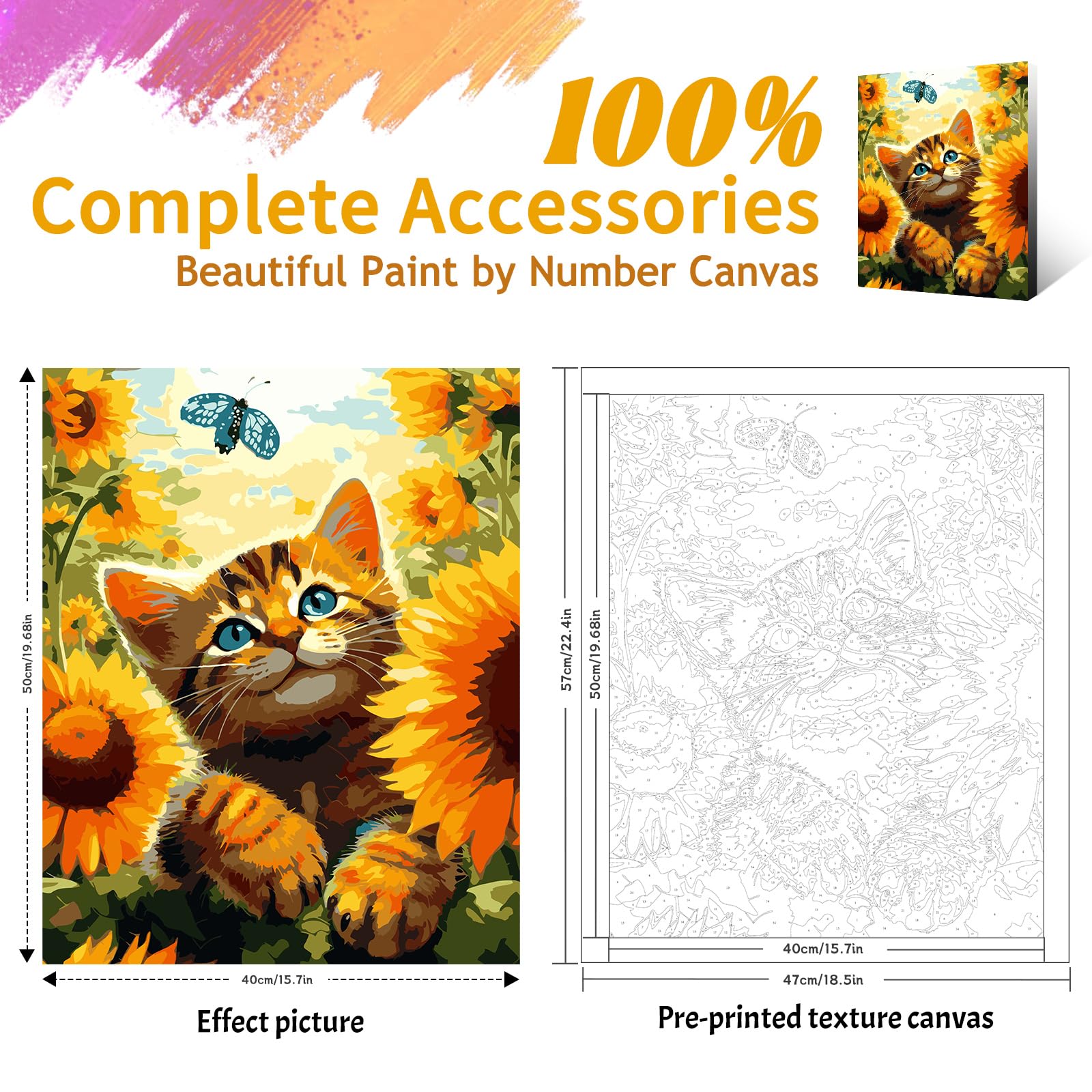 Kit De Pintura Por Números Para Adultos Y Niños – Gato Amarillo 30x40 Cm Con Lienzo, Pinceles Y Pinturas Acrílicas