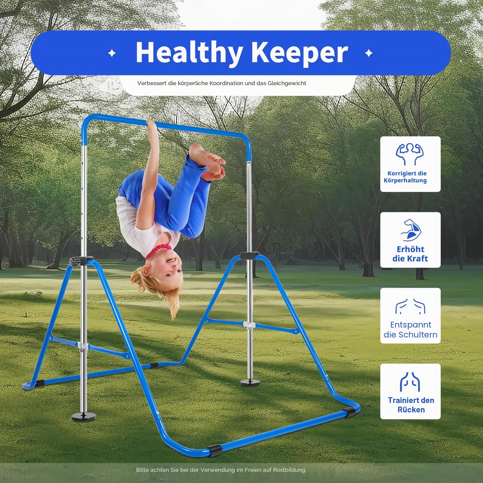 Faltbarer Gymnastikstange, Robuste Turnstange Reckstange Indoor mit 5 Höhenverstellbar, Trainingsgerät bis 150 kg, Kinder Turnreck Gymnastik Reck für Indoor-Training, Blau