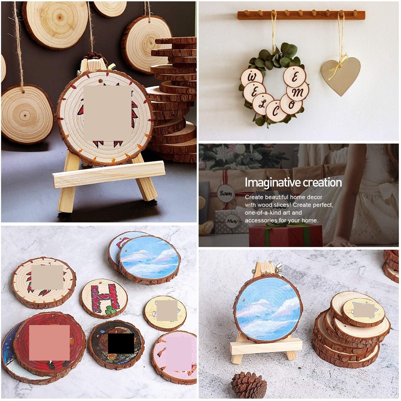 Niewykończone drewno z korą 20pcs Craft Wood Kit Unfinished Predrilled with Hole Wooden Circles for Arts Christmas Ornaments DIY Crafts(7 8cm)