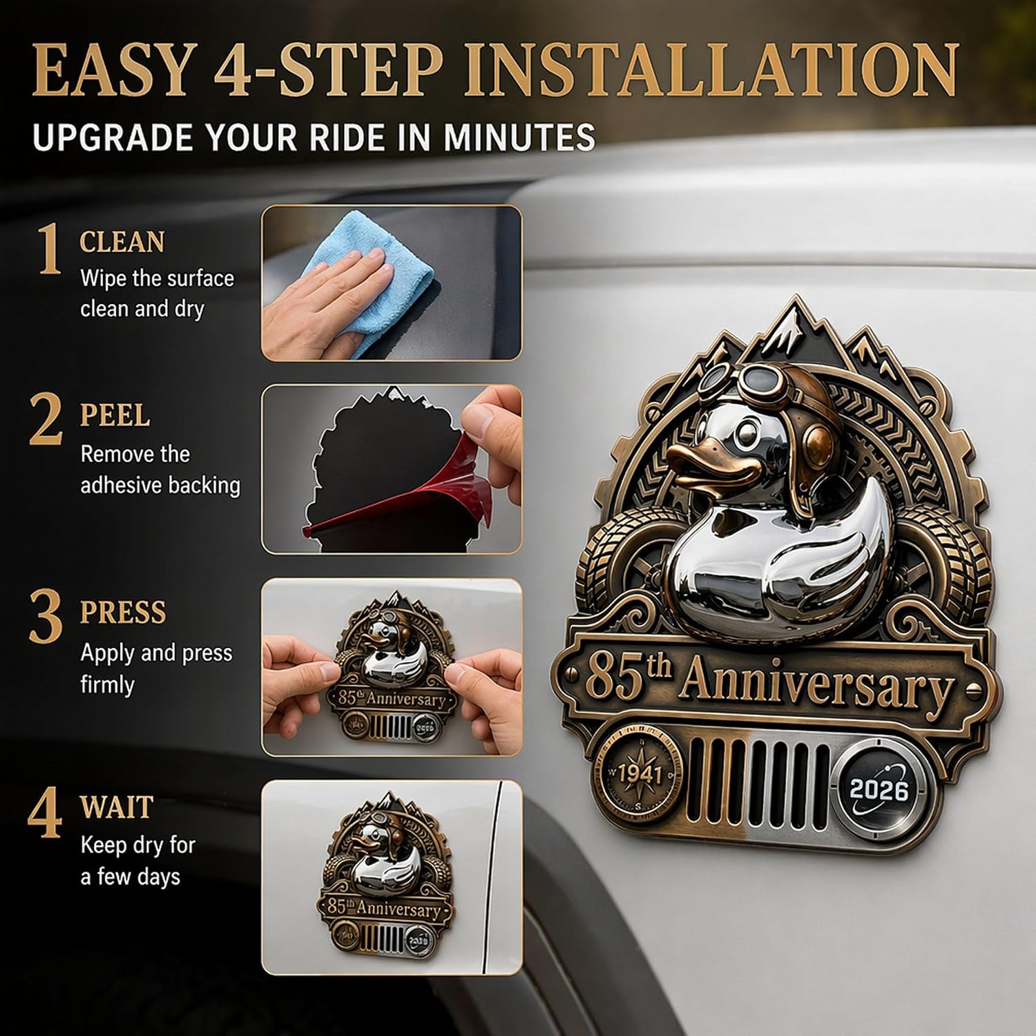 85th Anniversary Rubber Duck Badge 2026, 3D Metal Car Emblem Decal Sticker, Adventure Duck Off-Road Exterior Accessories, Distinctive Vintage Hood Ornament,Universal Side Rear Trunk Decoration (1 Pcs)