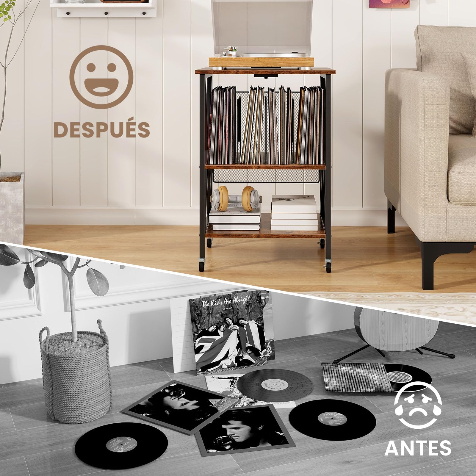 GOPLUS Soporte para Tocadiscos, Estante de Almacenamiento para Vinilos de 3 Niveles con Estación de Carga Incorporada y Ruedas Bloqueables, Soporte para Giradiscos (Marrón Rústico)