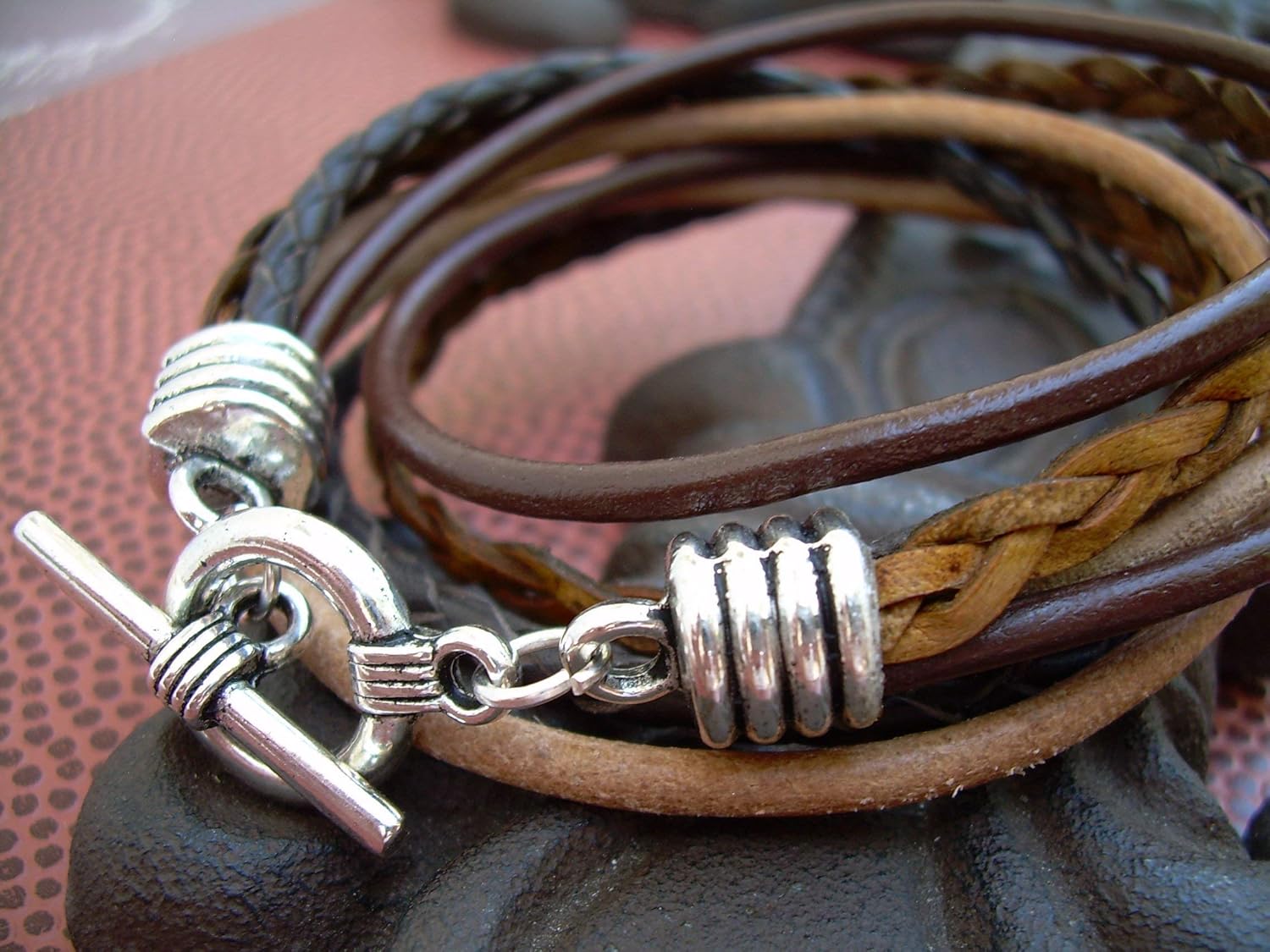 Mens Double Wrap Multi Strand Leather Bracelet with Antique silver Toned End Caps and Toggle Clasp