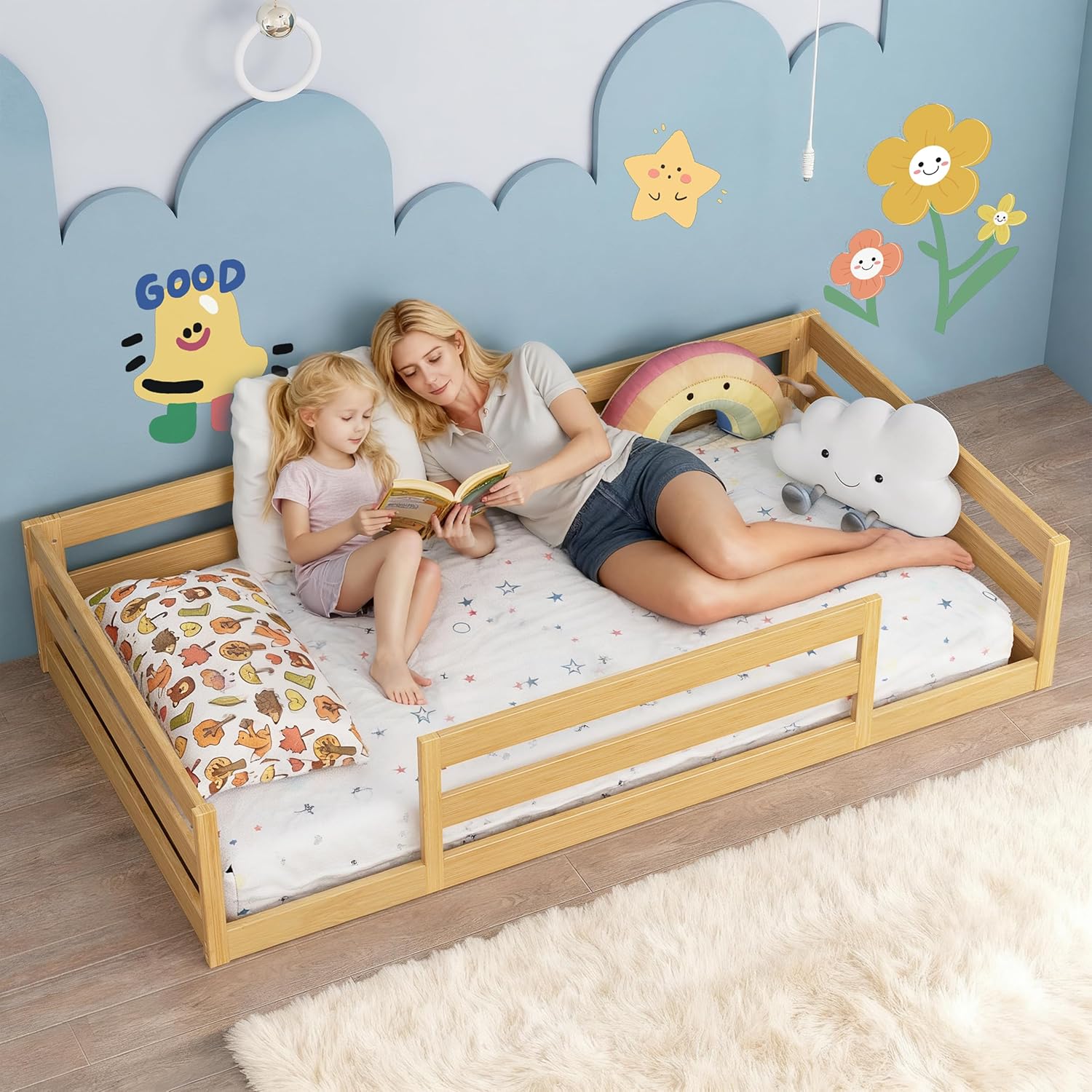 Twin Size Floor Bed for Kids, Toddler Floor Bed with Safety Guardrails, Solid Wood Montessori Bed Frame