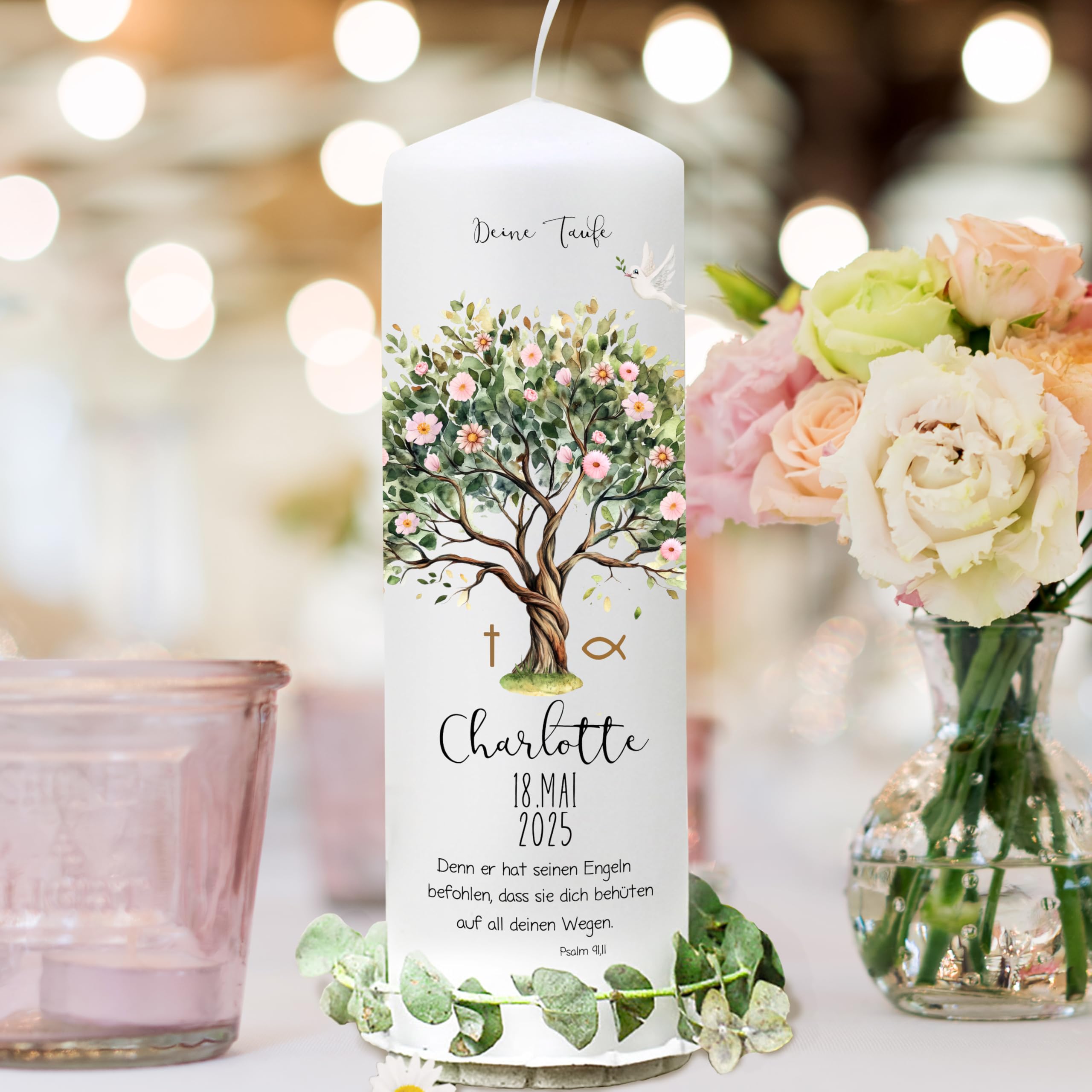 ilka parey Taufkerze Mädchen personalisiert - Patenkerze - Gastkerze - Lebensbaum rosa Blüten - Wunschname mit Spruch - Personalisiertes Taufgeschenk - Taufkerze (wk263)