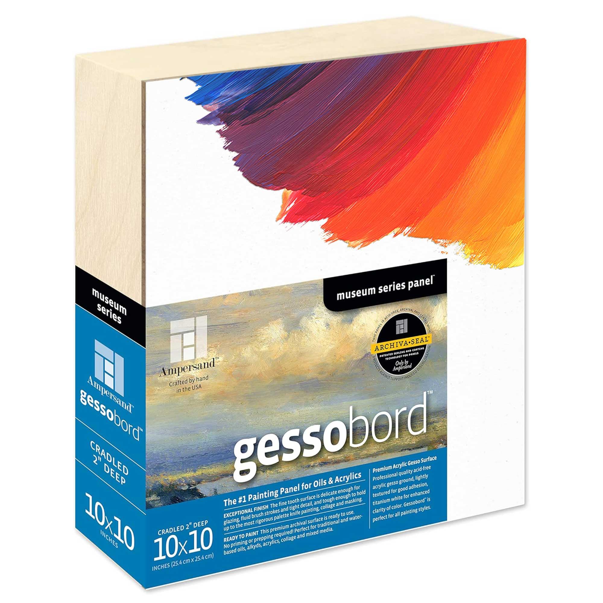 Ampersand Art Supply Gesso Wood Painting Panel: Museum Series Gessobord, 10" x 10", 2" Cradled Profile