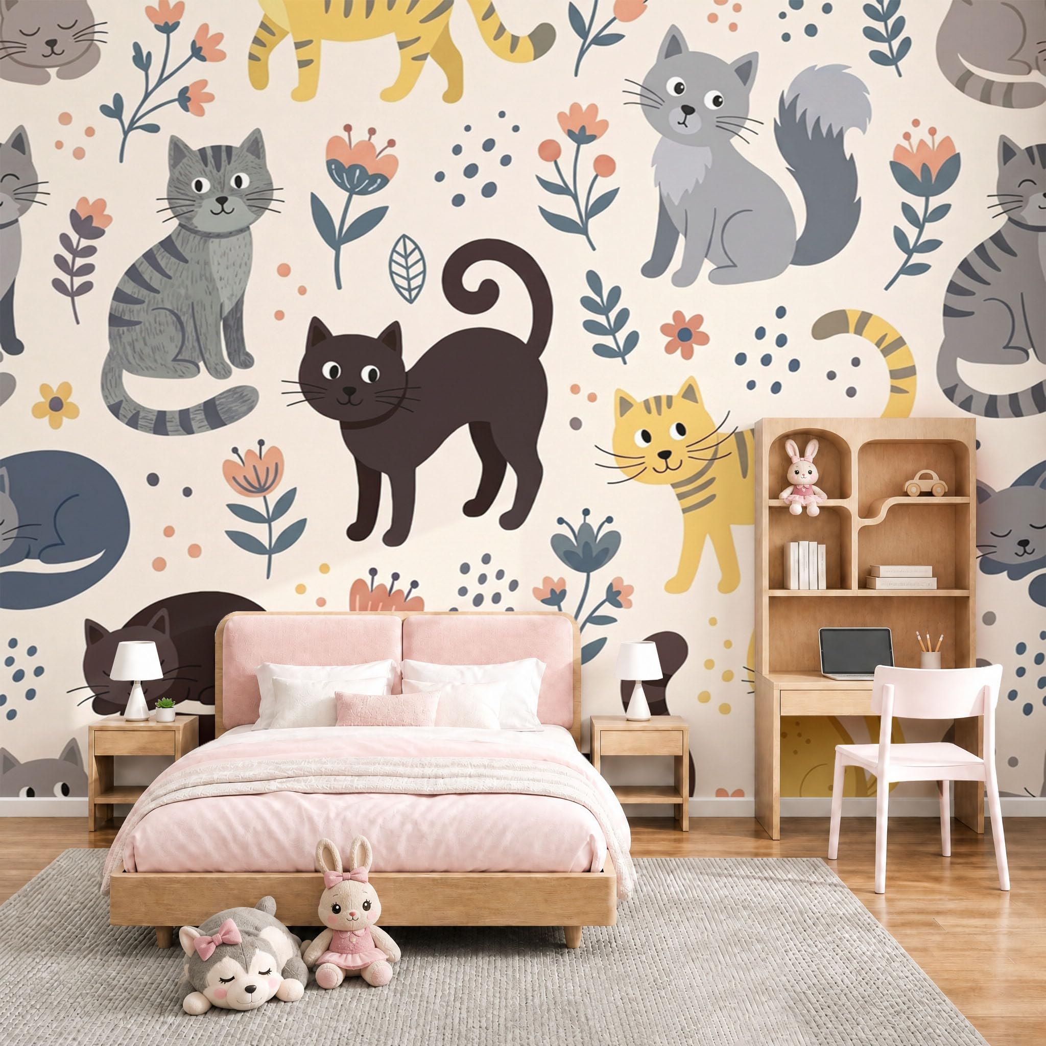 Tissu de soie mural chat dessiné à la main pour décoration murale haut de gamme