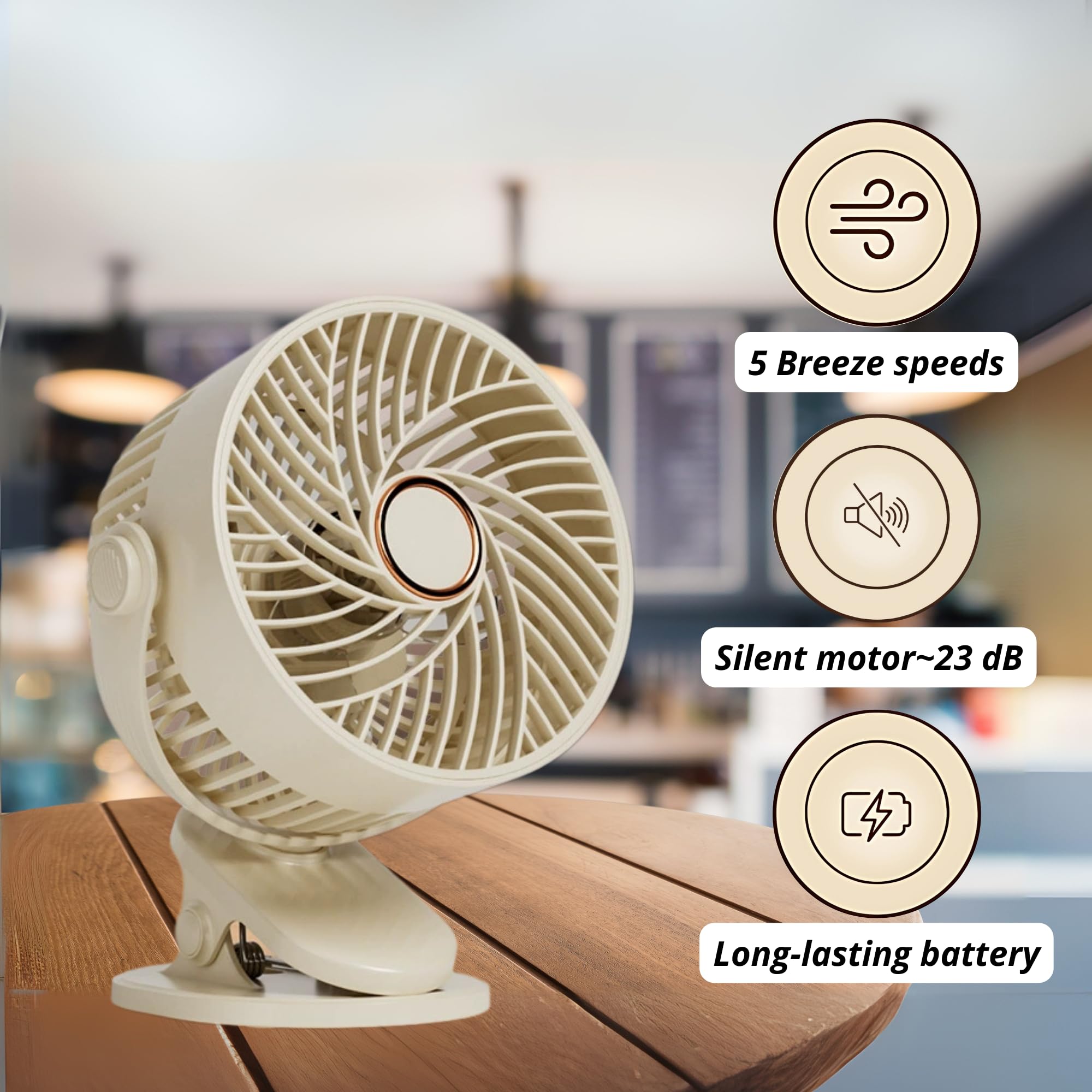 MAGIC SELECT Ventilateur à Pince 5 Vitesses avec Lumière | Silencieux, Multi-Surfaces, Tour à 360º, Batterie Longue Durée, Câble USB-C Intégré