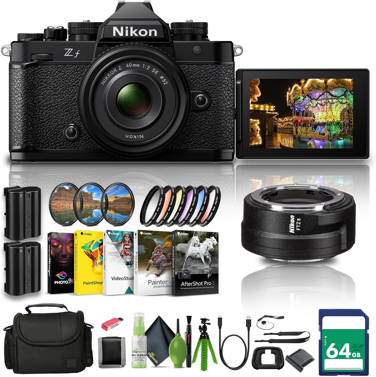 Nikon Zf 24.5MP Sensor 4K Video Recording Mirrorless Camera with Nikon NIKKOR Z 40mm f/2 (SE) Lens (1763) + FTZ II Adapter + 64GB Memory Card + Filter Kit + Bag + EN-EL15c Battery + More