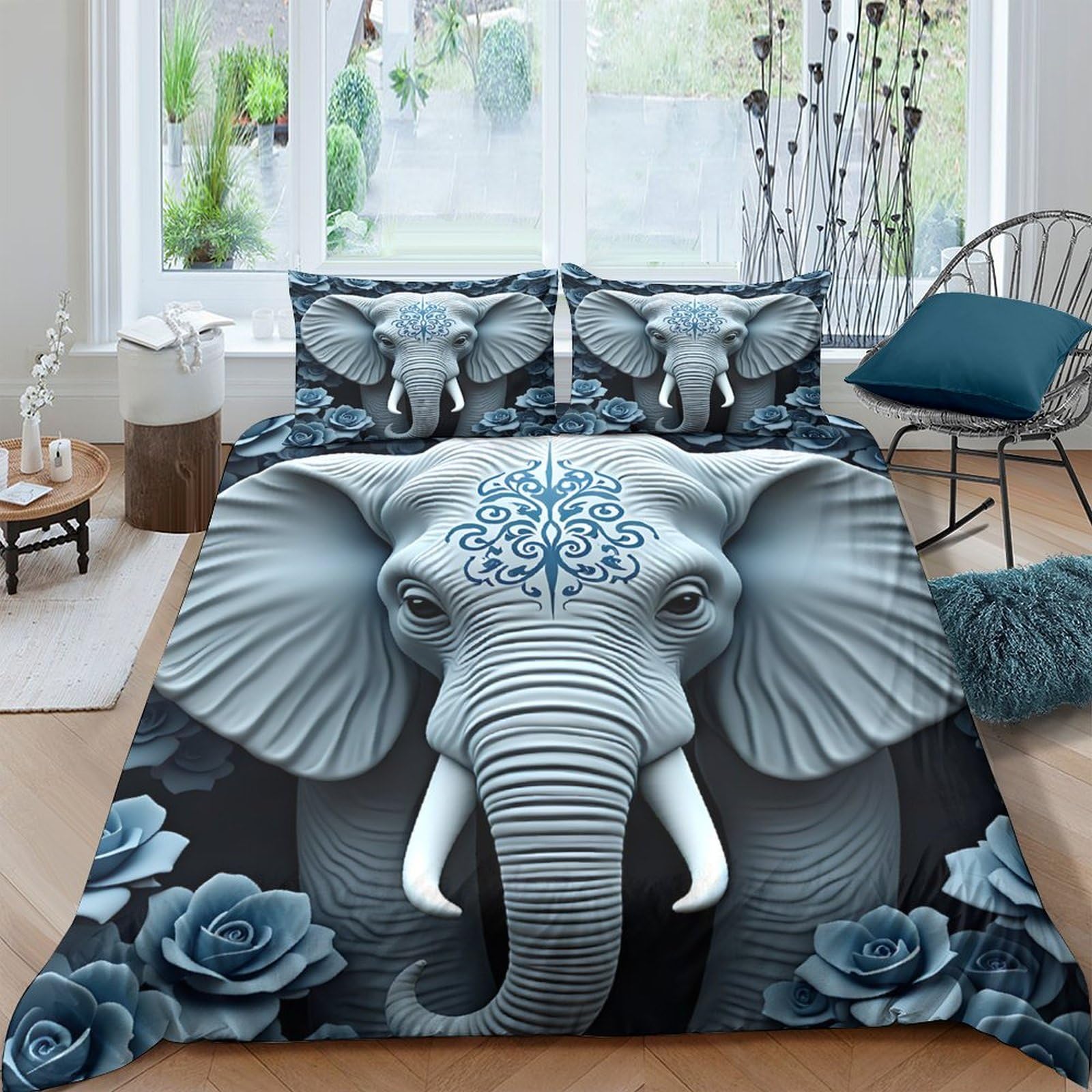 Ctjqhvkz Style-8 3D Printed Elephant Floral Fitted Sheet Microfiber Anti-Slip Bed Cover For Bedroom Guest Room Easy Care Decor Single（135X200cm）