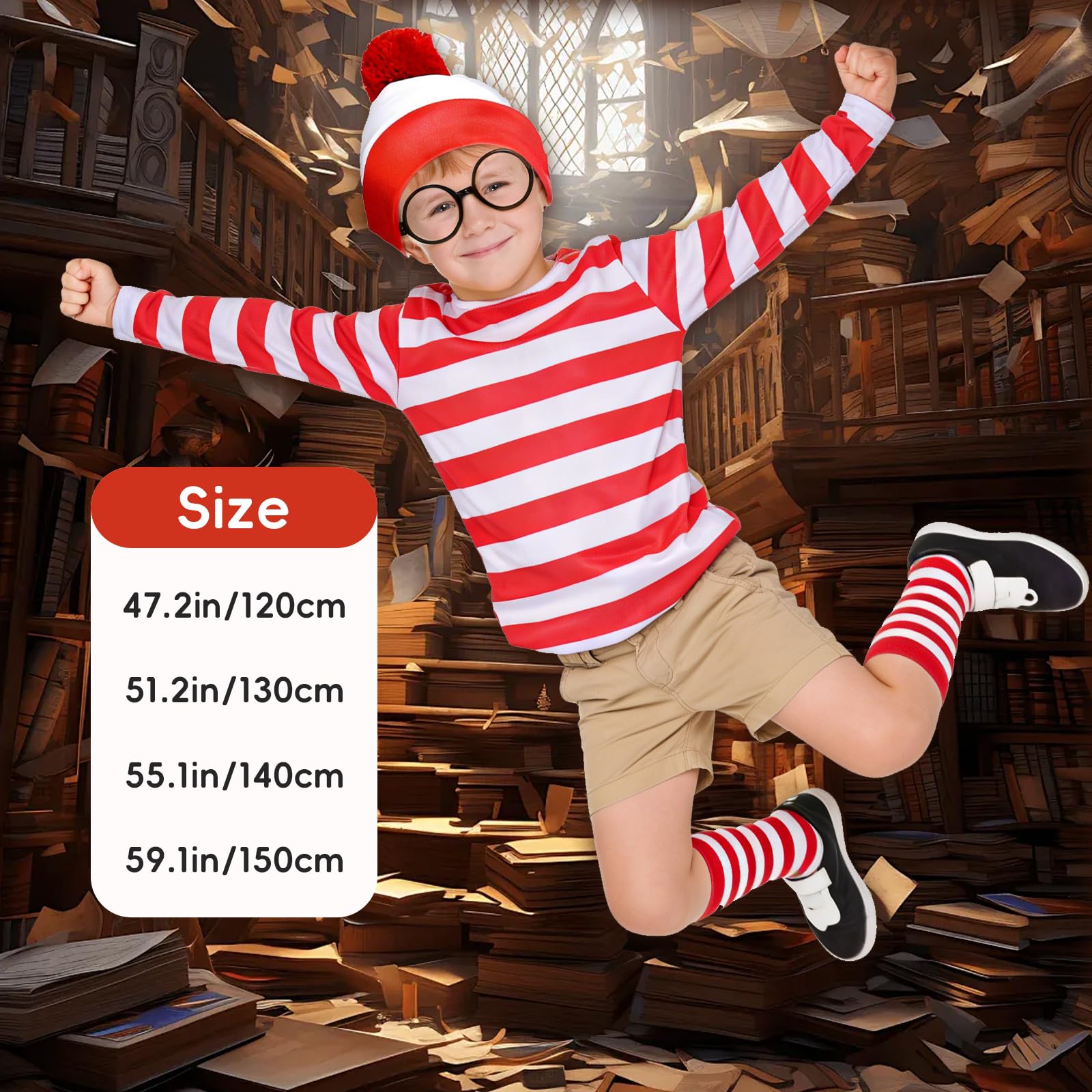 WenYa Red & White Striped Outfit for Kids World Book Day Dress Up Party Costume Set including Hat Glasses and Socks for Halloween Book Week and School Cosplay (Kids - Image 2