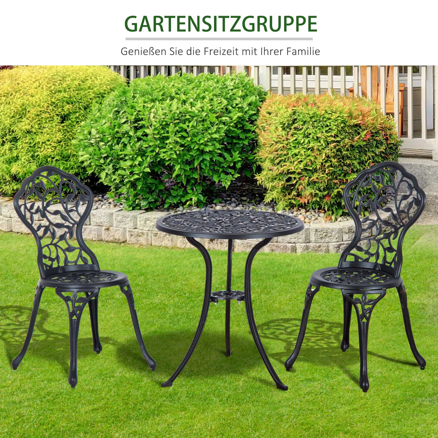 Outsunny Bistroset 3-TLG. Balkonset Aluminiumguss Gartenmöbel Schwarz | Balkonmöbel Set, Bistrotisch mit 2 Stühlen