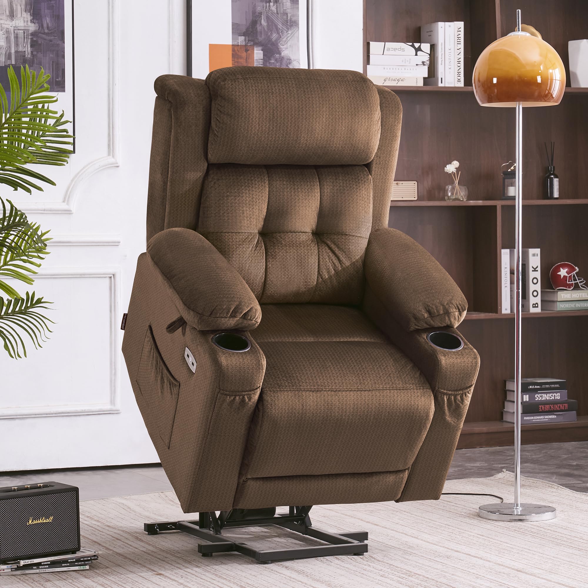 MCombo Fauteuil Releveur électrique 3 Moteurs, pour Personnes âgées, Fauteuil Relax avec Massage et Chaleur, Appui-tête Réglable et Repose-Pieds Allongé, Ports USB, 7664 (Marron, Petit)