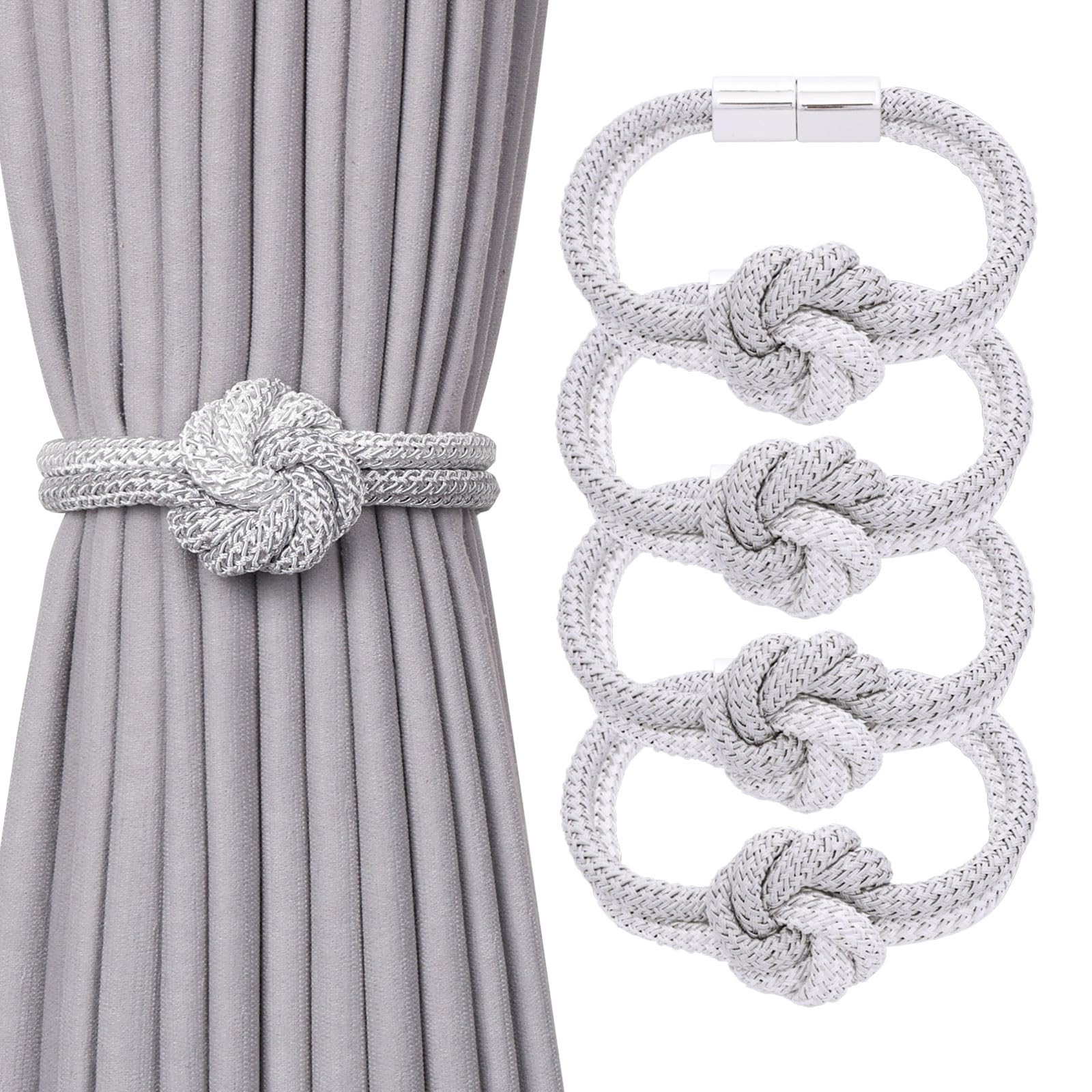 Pretty Jolly 4 Pack Cute Flower Knot Magnetic Curtain Tiebacks Nordic Style Drape Tie Backs Elegant Hand Weave Rope Decorative Curtain Holdbacks for Home & Office Window Drapery (Grey & White)