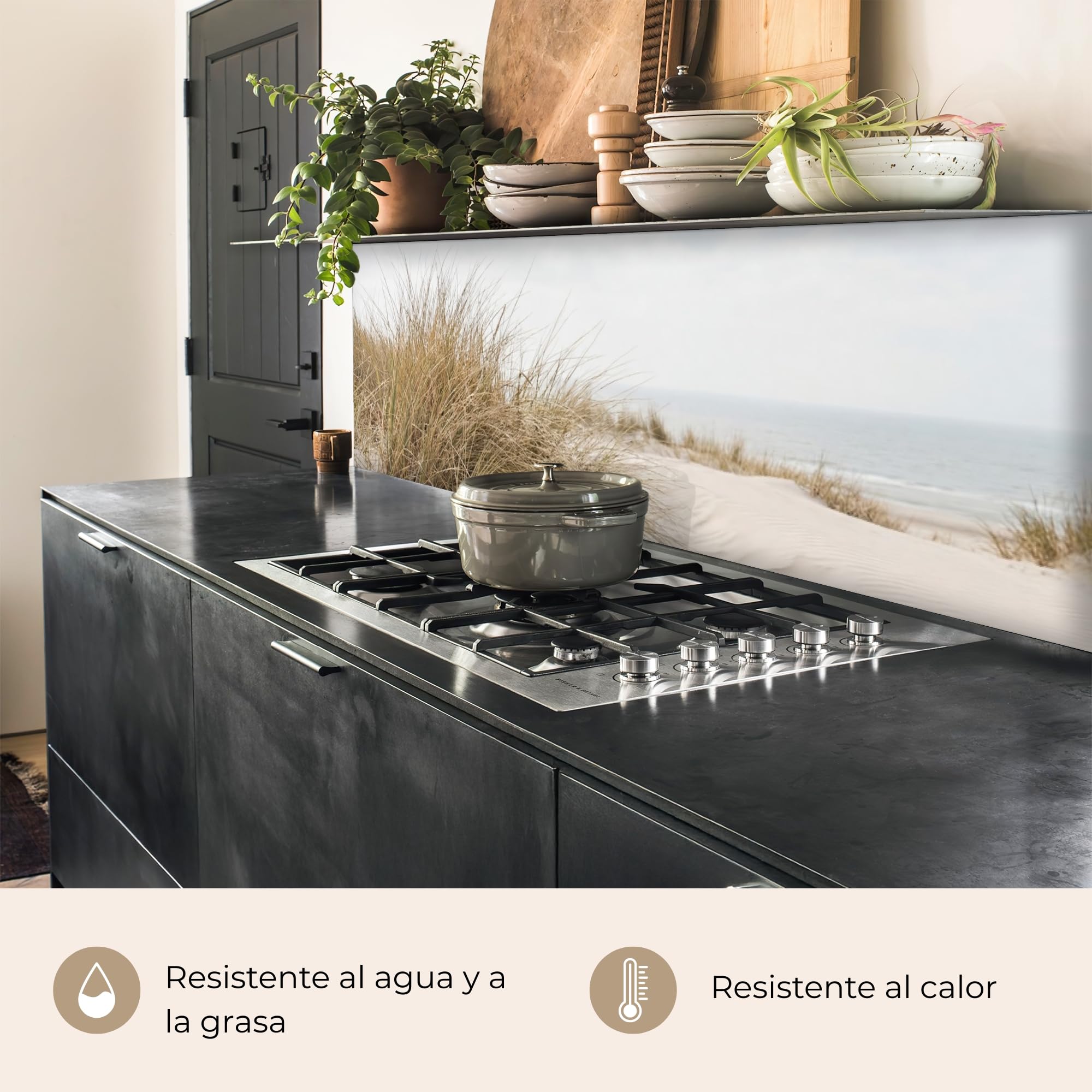 KitchenYeah© Antisalpicaduras Cocina 60x300 cm Adhesivo Salpicadero Protector Pared Salpicaduras Revestimiento Nubes - Paisaje dunar - Arena