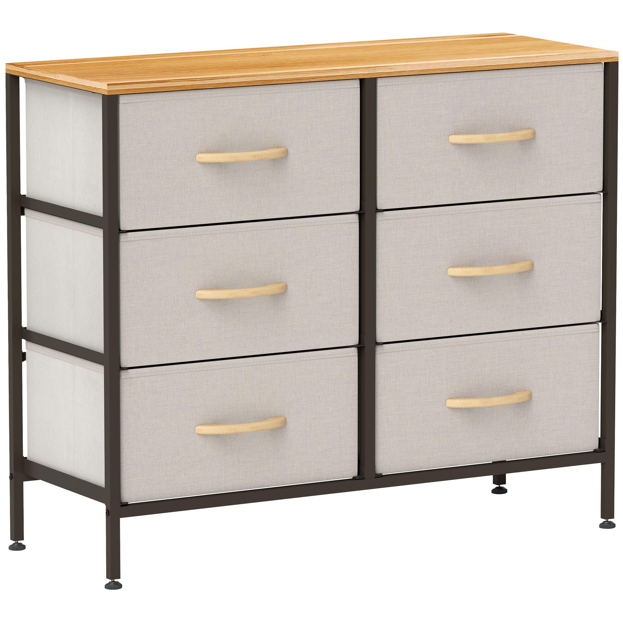 HOMCOM Kommode aus Stoff, industrielle Schlafzimmerkommode mit 6 Stoffschubladen, Stahlrahmen und Holzplatte für Kinderzimmer, Wohnzimmer, Flur, Cremeweiß