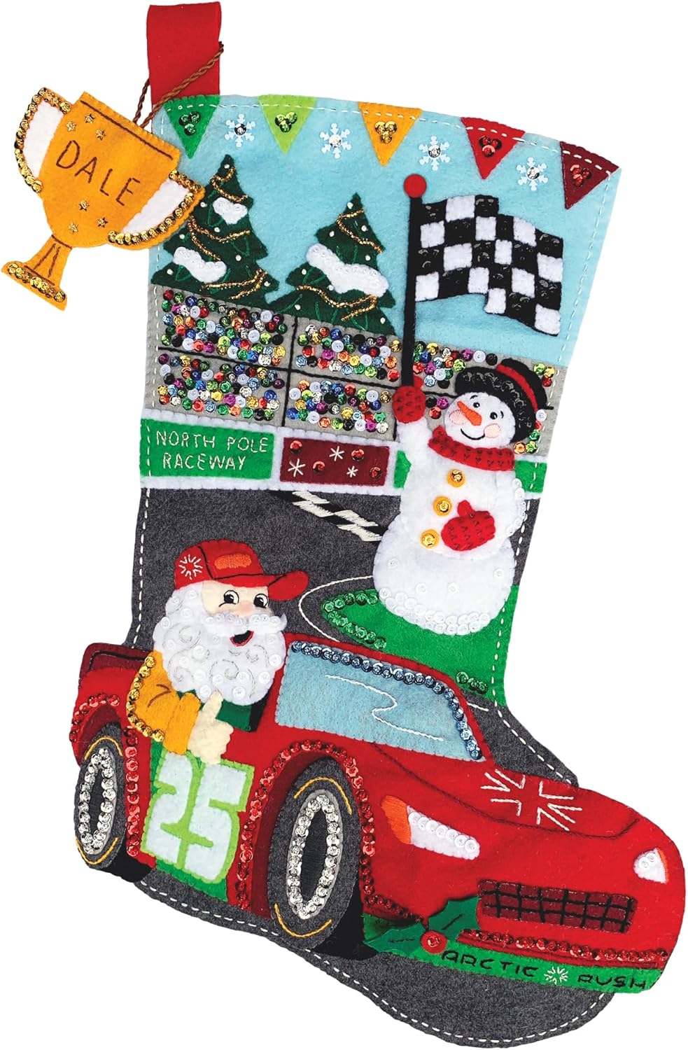 MerryStockings 18" Felt Applique Christmas Stocking Kit, North Pole Raceway. DIY, Sequins, Embellishments and Instructions, a Complete kit Ready for Your Creativity!
