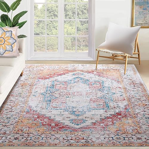 Miniatura 6 de Yancorp Alfombra bohemia de 5 x 7 pies para sala de estar, antideslizante, lavable, alfombra de interior, abstracta, suave y esponjosa, alfombra