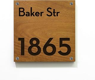 Modern House Numbers - Square Solid Wood African Teak Iroko with Laser Engraving - Contemporary Home Address - Wall mounted Plaque - Address