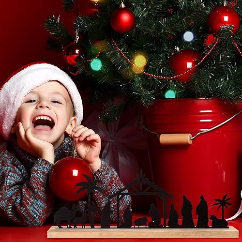 Miniatura 6 de Pinkunn Juegos de Belén para decoración de interiores de Navidad, belén de metal negro con base de madera, juego de pesebre para personas,