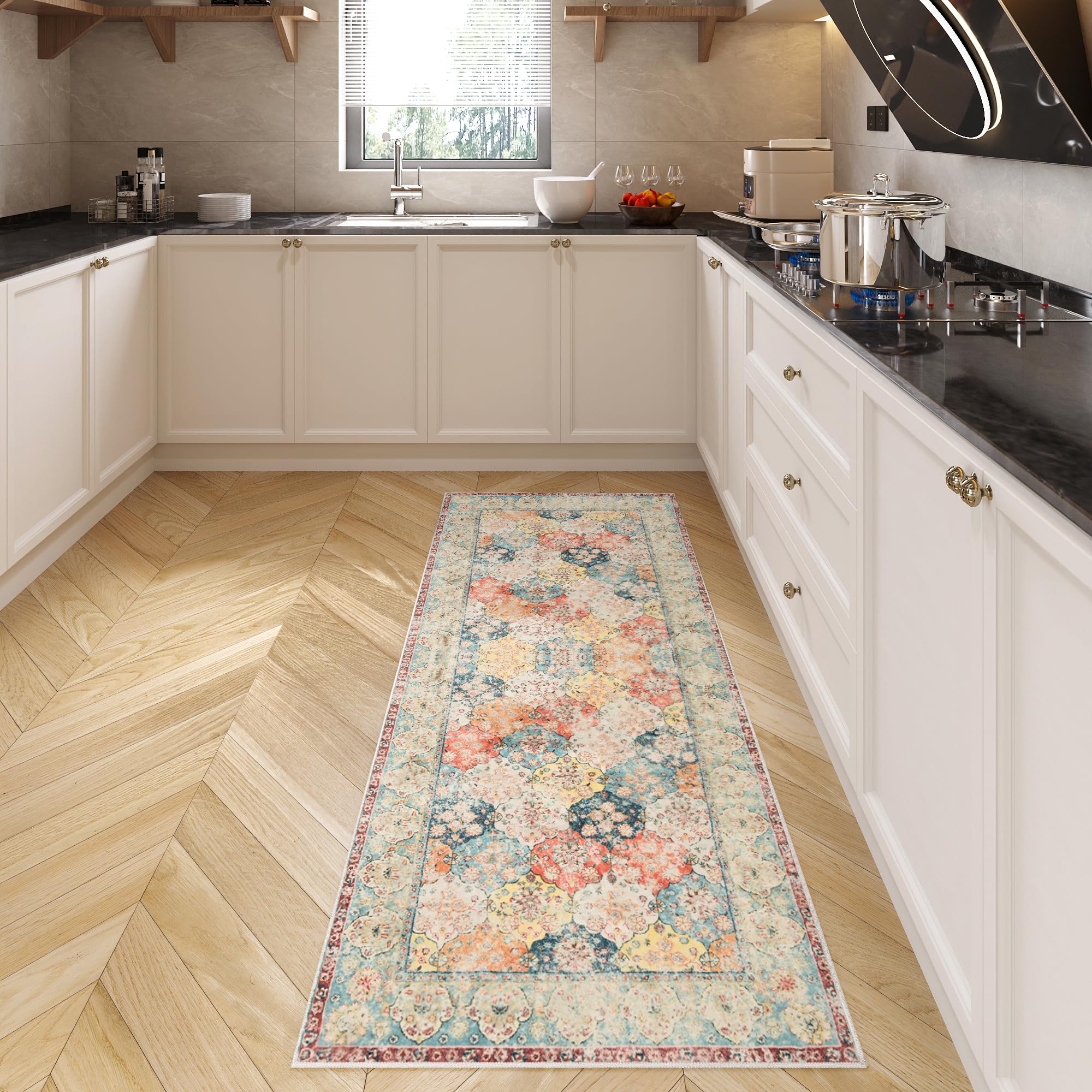 Runner Rug for Hallway, 2x6 Washable Runner Rug, Non Slip Low Pile Kitchen Rugs with Rubber Backing, Boho Floor Soft Carpet for Hallway, Bathroom,