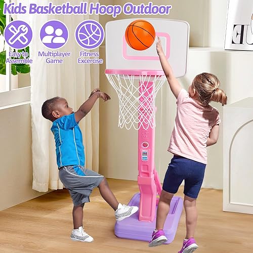 Miniatura 4 de Aro de baloncesto ajustable para niñas pequeñas, mini portería de baloncesto rosa con bomba de bola para exteriores, juguetes junto a la piscina