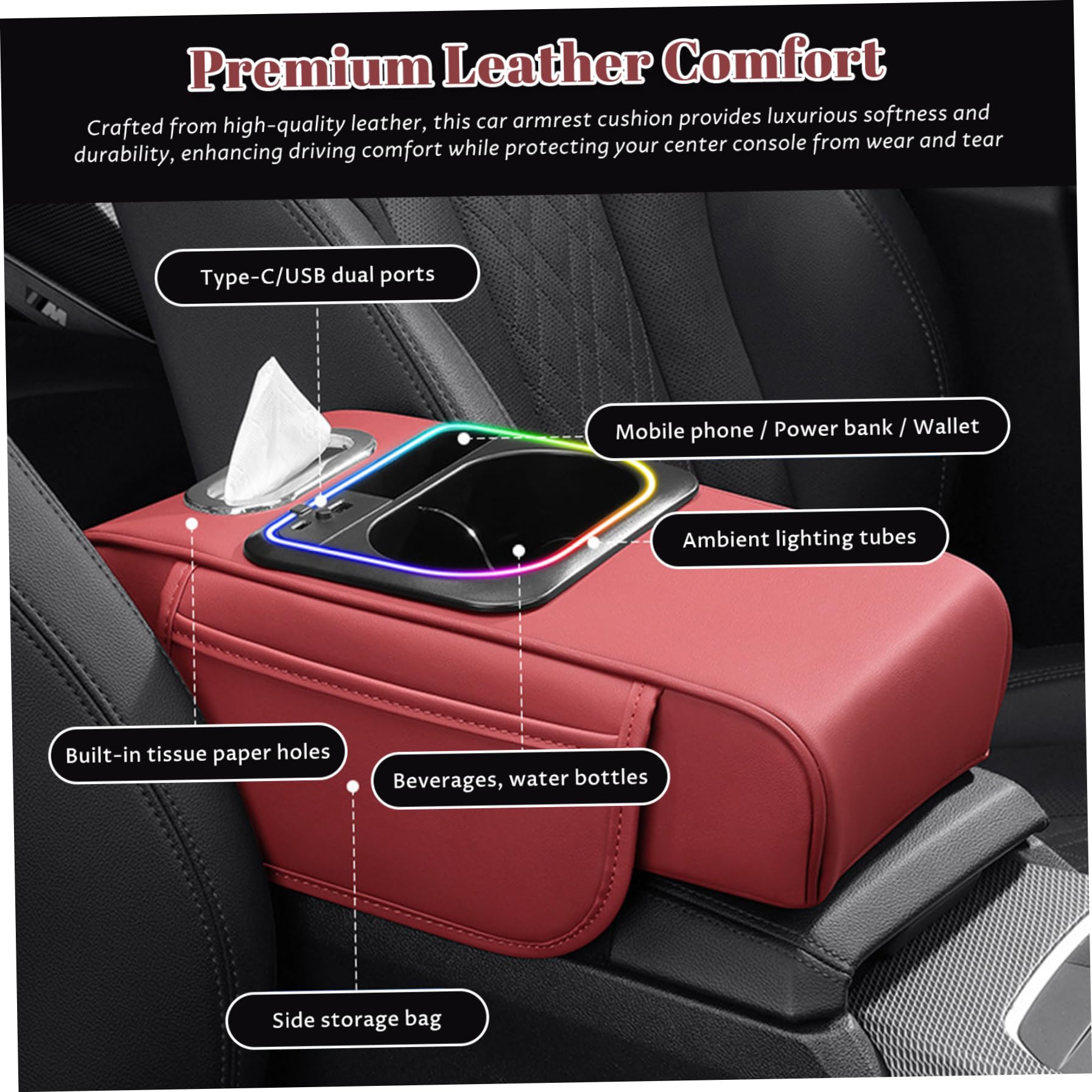 Cojín para reposabrazos de coche, funda de cuero para consola central con bolsas de almacenamiento, ranura para teléfono, puerto de carga, soporte para pañuelos y portavasos para SUV, autocaravana