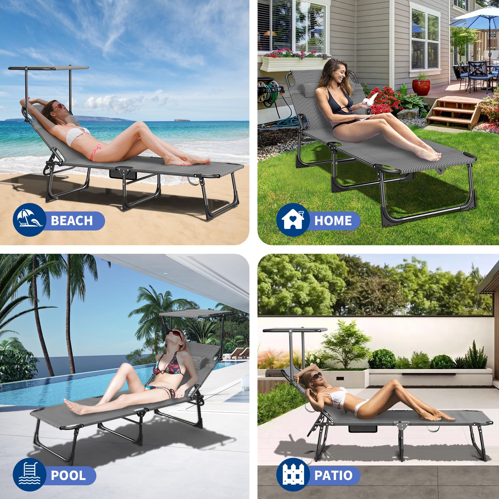 Sonnenliege mit Dach & Kopfkissen, Liegestuhl leicht-Extra Breit-mit Verstellbarer Rückenlehne & Seitentasche, Gartenliege, Strandliege Tragbar für Strand-Pool-Garten, Hochwertige Stoffe, Tiefer Wald