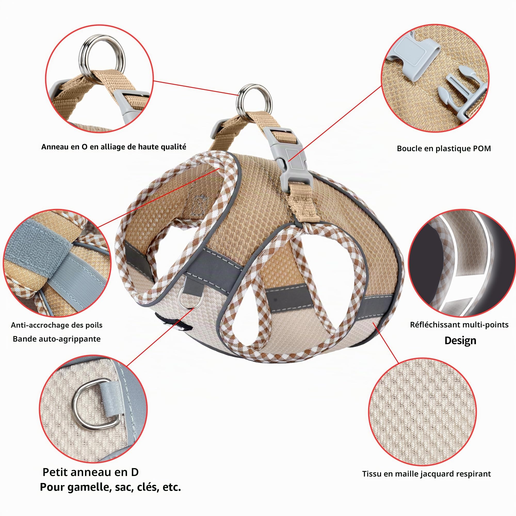 AIITLE Ensemble Harnais et Laisse pour Chien pour la Promenade, Harnais pour Chiot, Bandes réfléchissantes, pour très Petits Chiens et Chats domestiques Marron-Beige XXXS