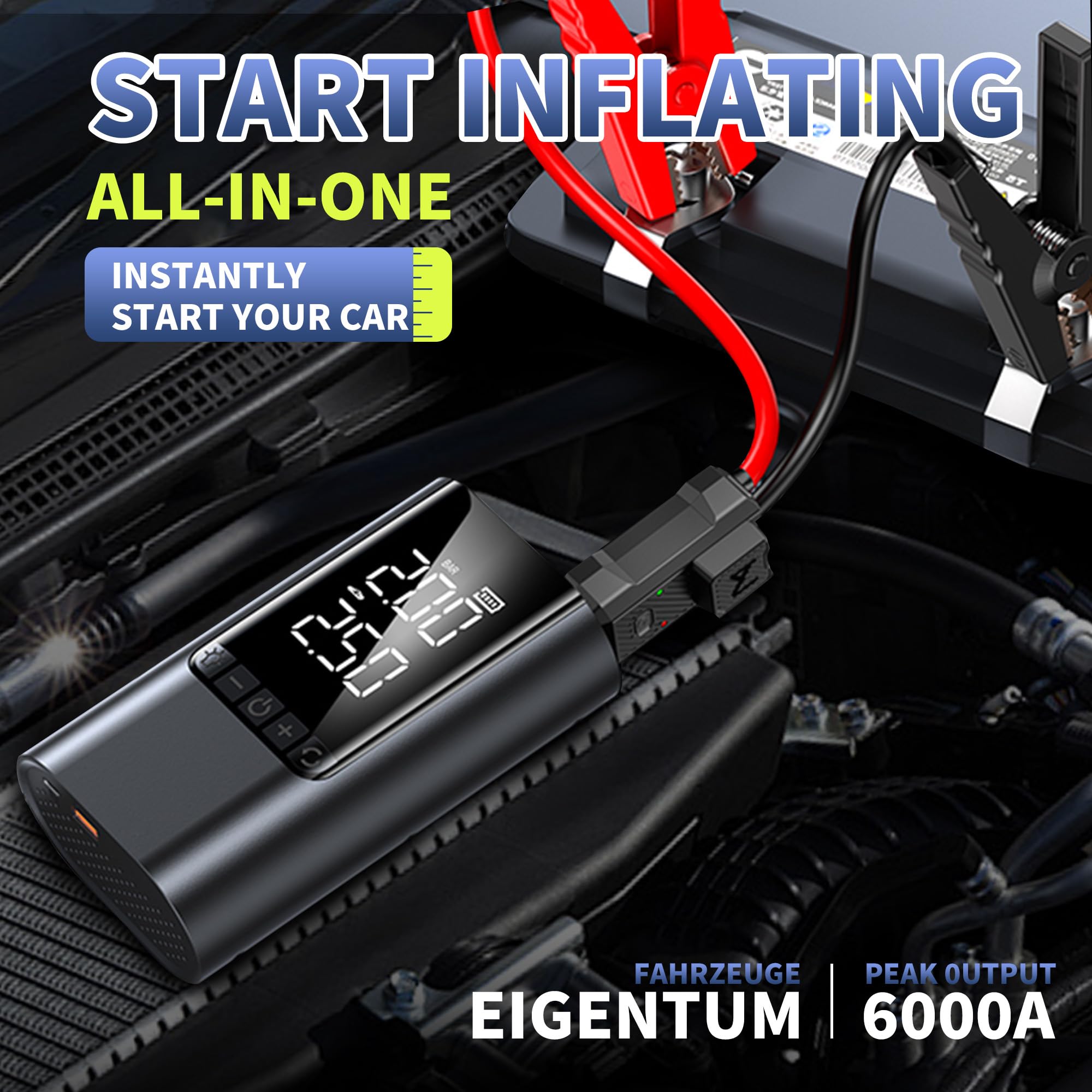 COCCKO Arrancador de Batería de Coche 6000A,con 150PSI Compresor de Aire,10000mAh Arrancador Coche Portatil con Inflador(Toda Gasolina o 8L Diésel),12V Jump Starter,con Linterna LED y SOS